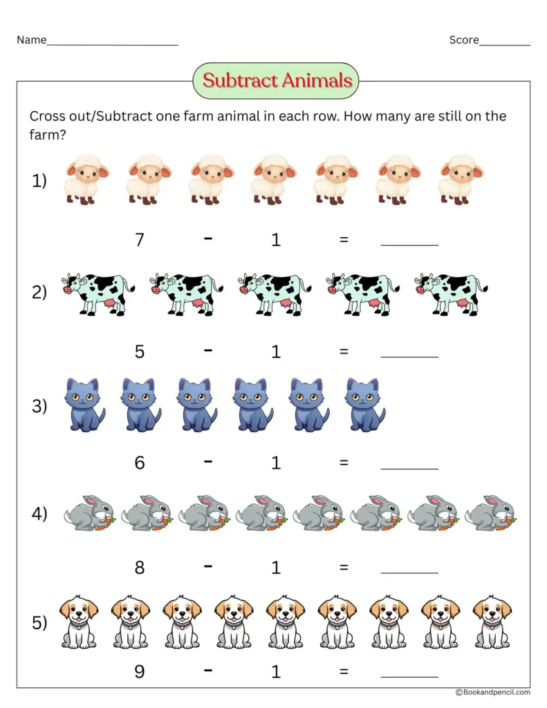 Subtraction worksheets for kindergarten with farm animals. Kids cross out and count to practice taking away.