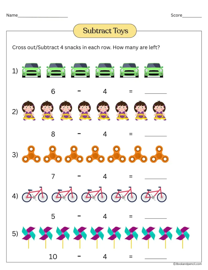 Superstar Subtraction worksheet for kindergarten with toys like cars, dolls, spinners, bikes, and pinwheels to practice subtracting 4 visually