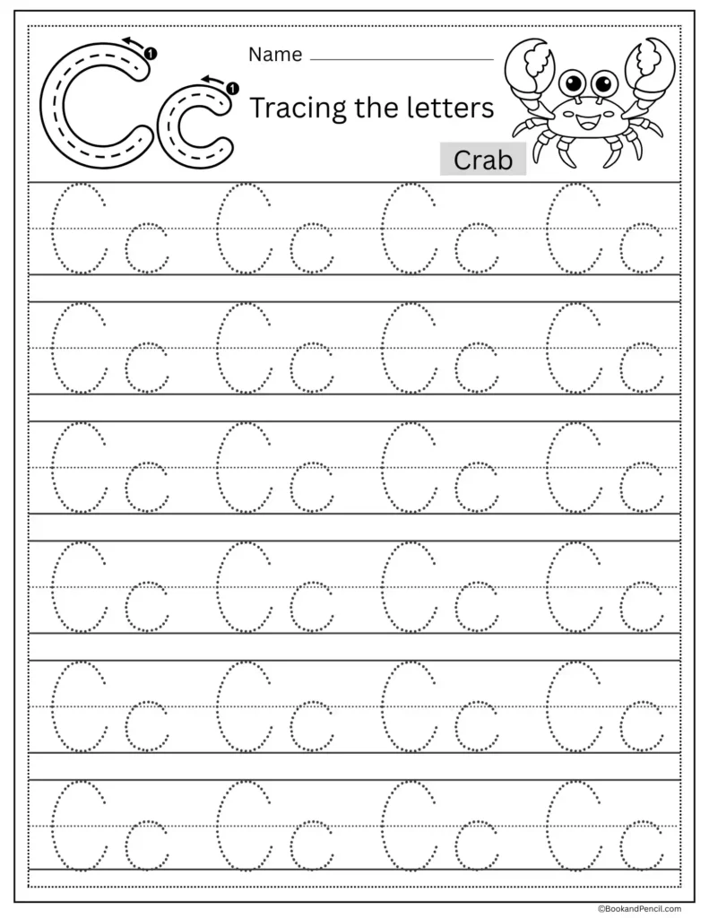 Tracing Letter C worksheet with uppercase and lowercase C practice for preschoolers