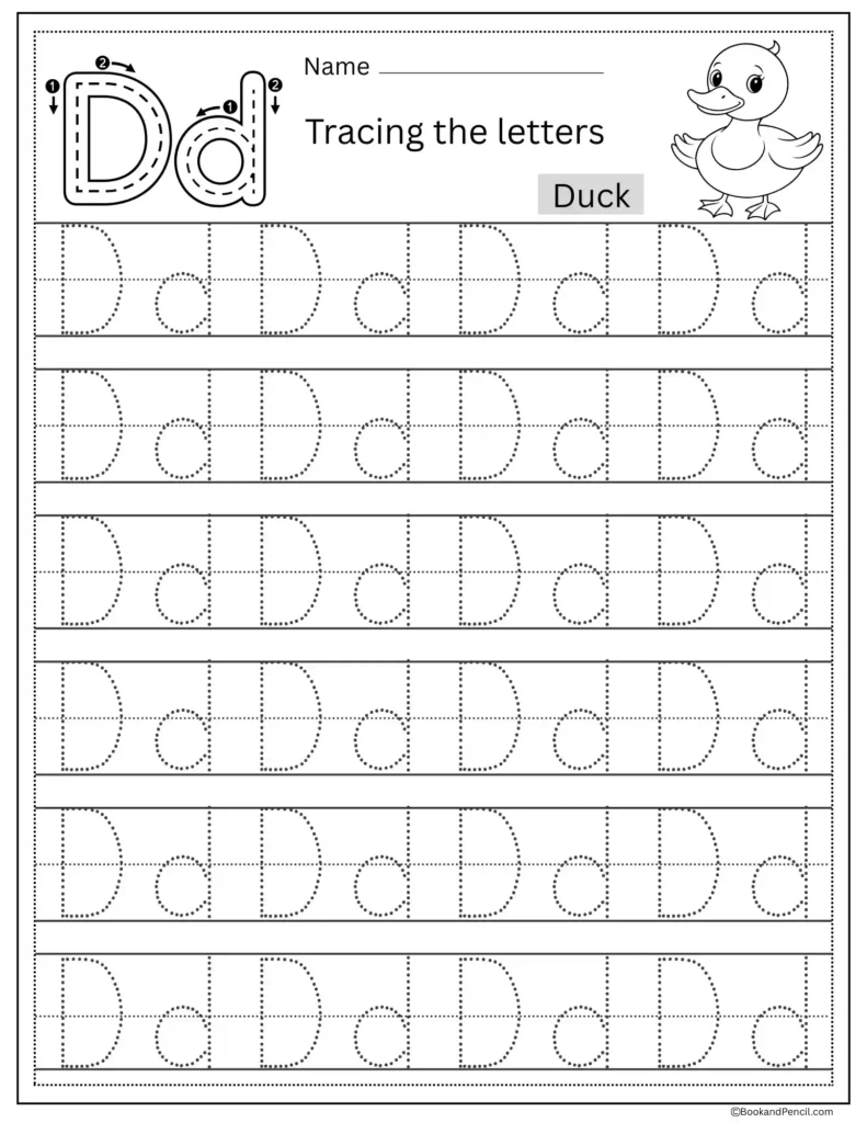 Tracing Letter D worksheet with uppercase and lowercase D practice for preschoolers