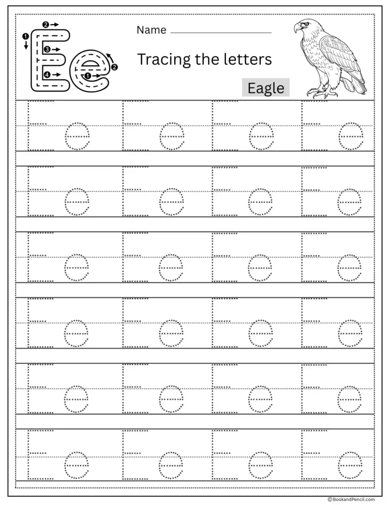 Tracing Letter E worksheet with uppercase and lowercase E practice for preschoolers