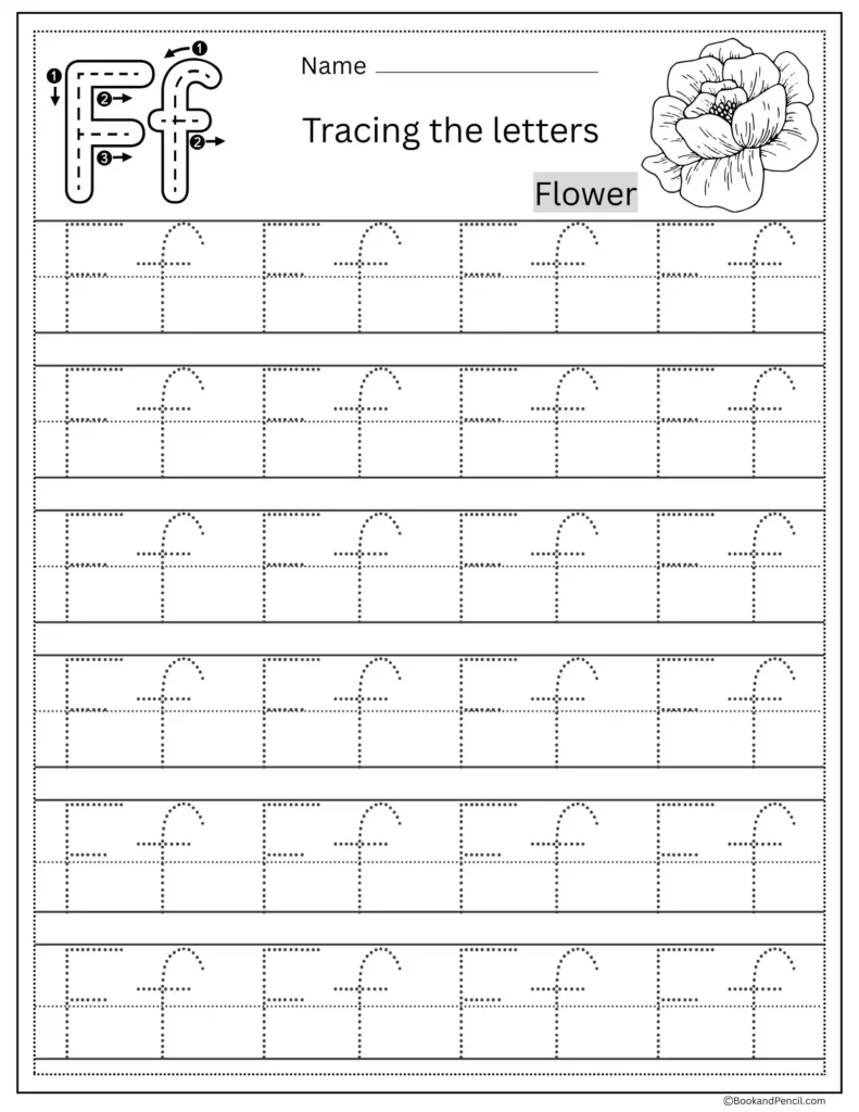 Tracing Letter F worksheet with uppercase and lowercase F practice for preschoolers