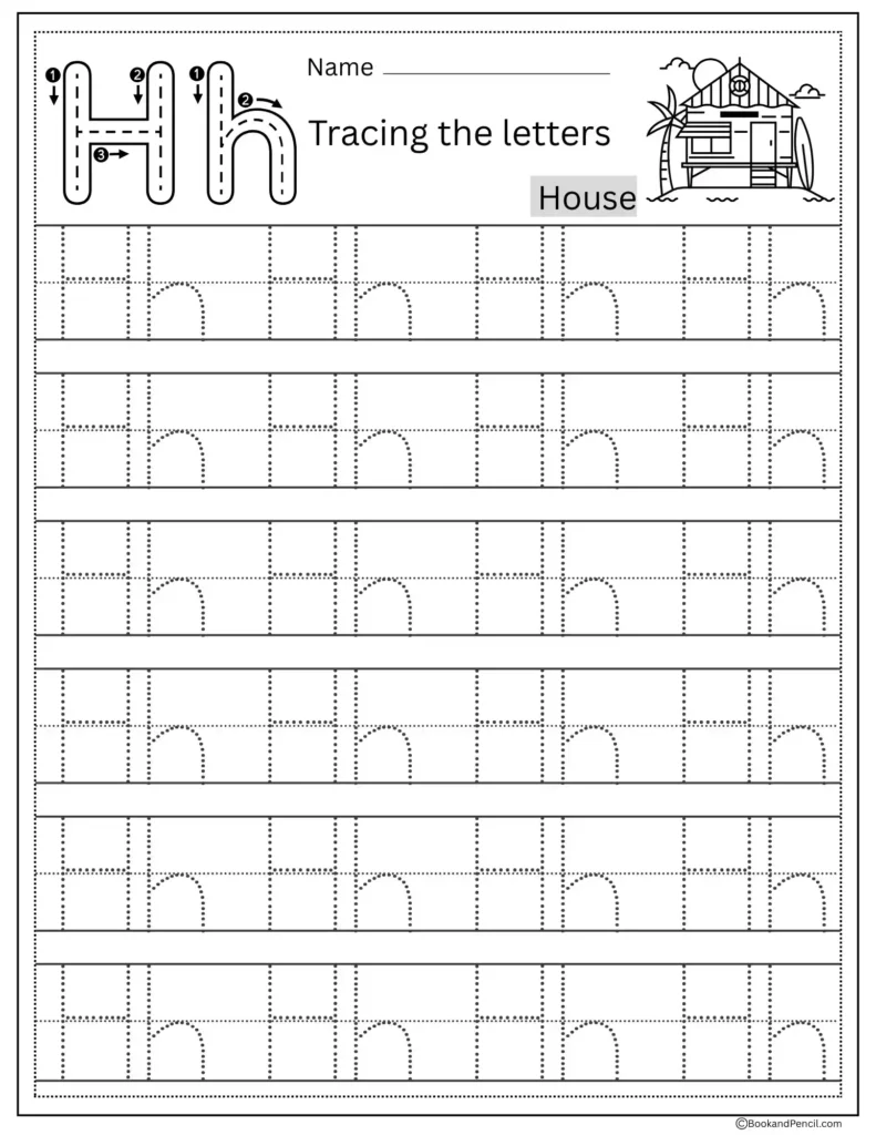 Tracing Letter H worksheet with uppercase and lowercase H practice for preschoolers