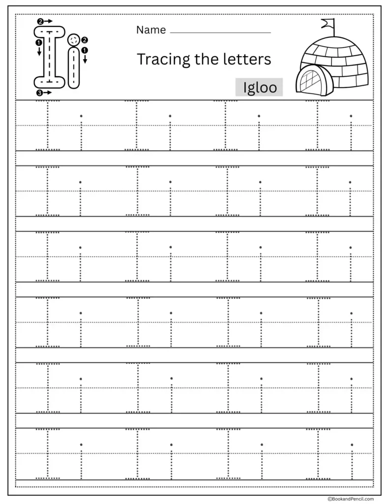Tracing Letter I worksheet with uppercase and lowercase I practice for preschoolers