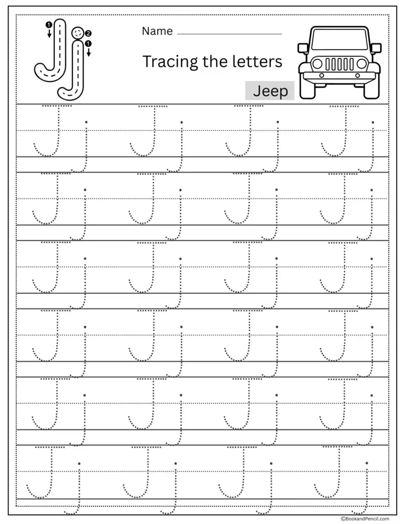 Tracing Letter J worksheet with uppercase and lowercase J practice for preschoolers