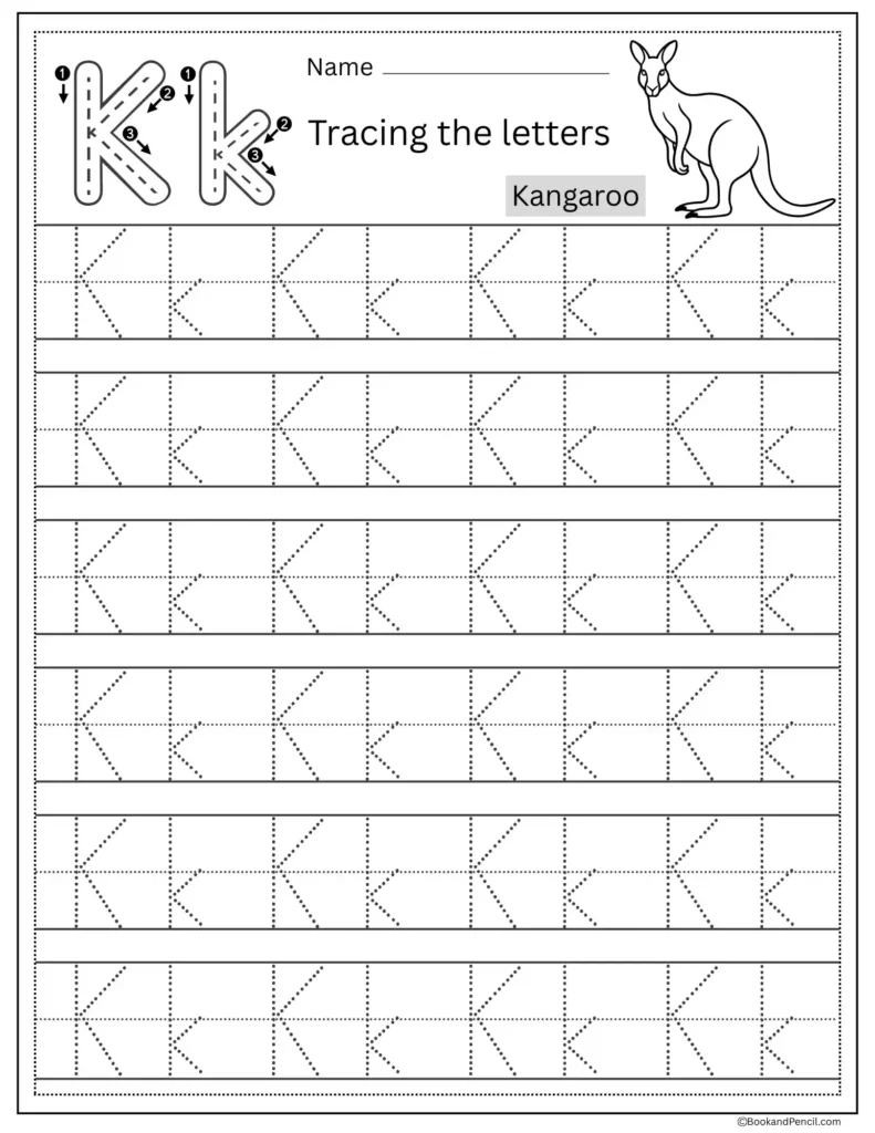 Tracing Letter K worksheet with uppercase and lowercase K practice for preschoolers