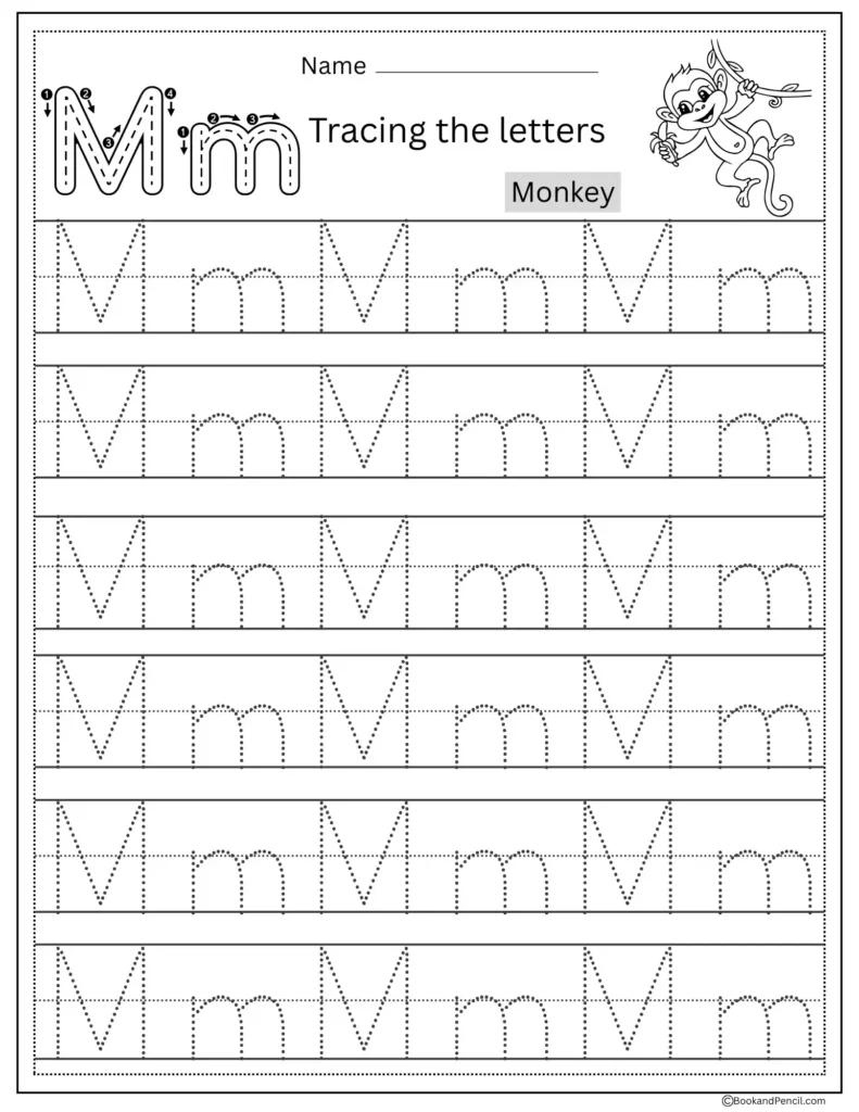 Tracing Letter M worksheet with uppercase and lowercase M practice for preschoolers