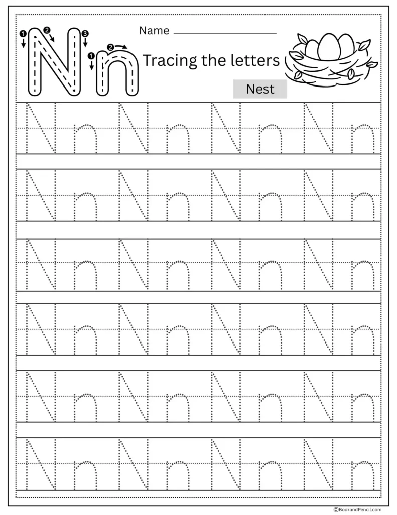 Tracing Letter N worksheet with uppercase and lowercase N practice for preschoolers