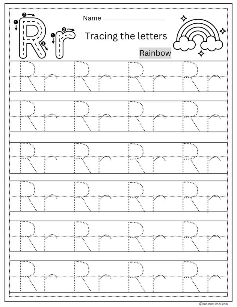 Tracing Letter R worksheet with uppercase and lowercase R practice for preschoolers