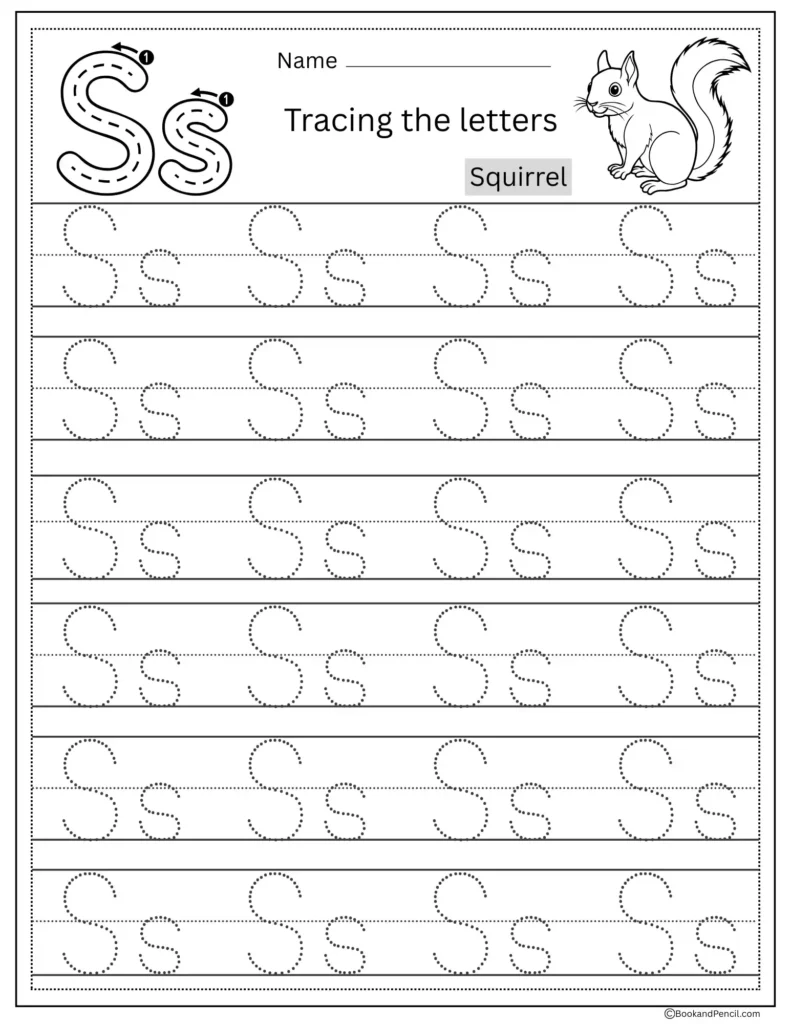 Tracing Letter S worksheet with uppercase and lowercase S practice for preschoolers