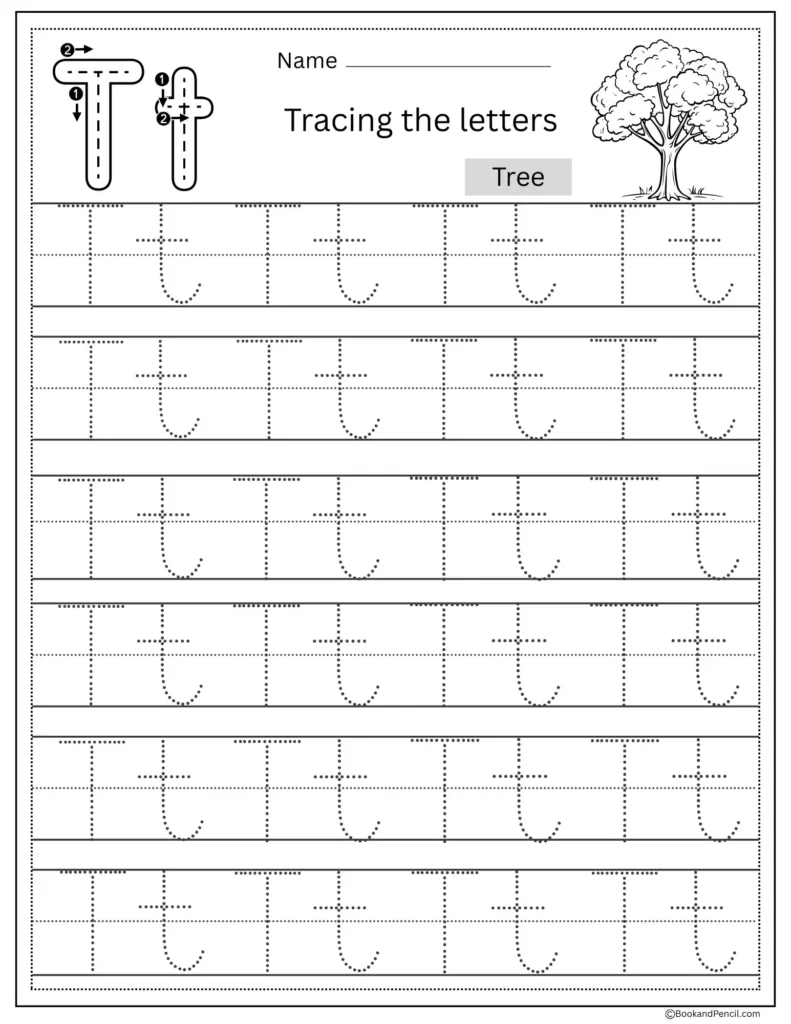 Tracing Letter T worksheet with uppercase and lowercase T practice for preschoolers