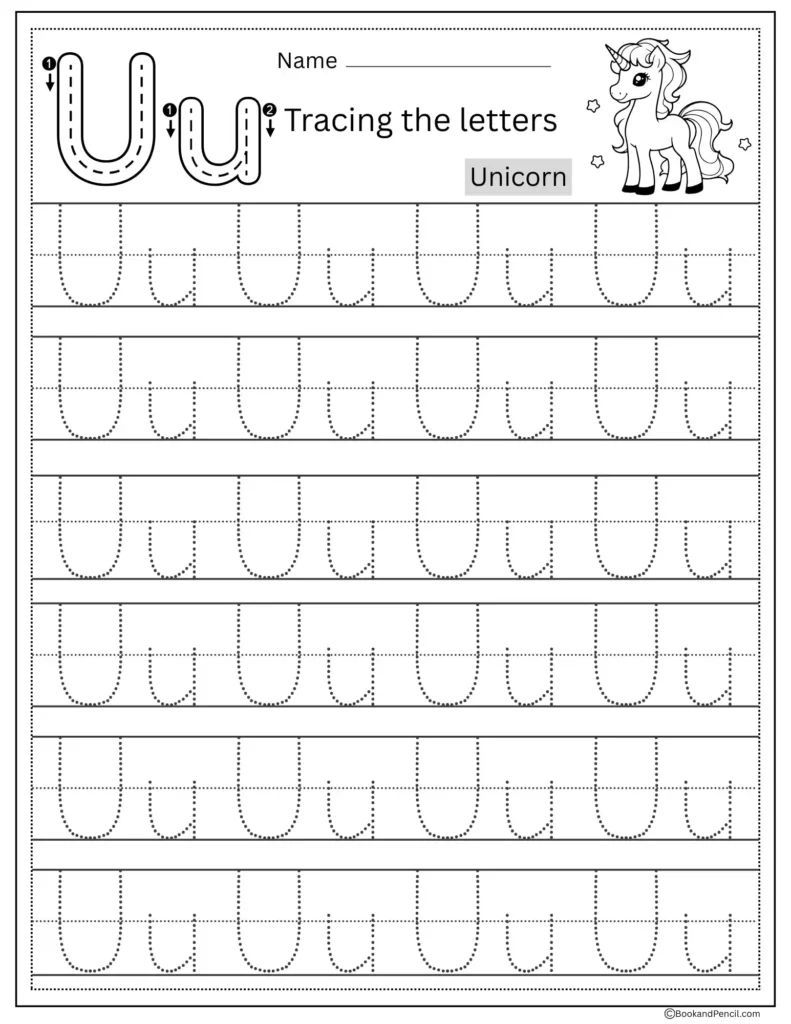 Tracing Letter U worksheet with uppercase and lowercase U practice for preschoolers
