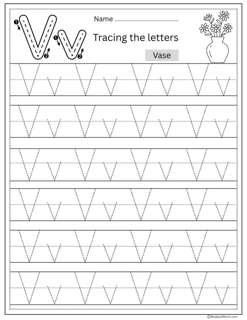 Tracing Letter V worksheet with uppercase and lowercase V practice for preschoolers