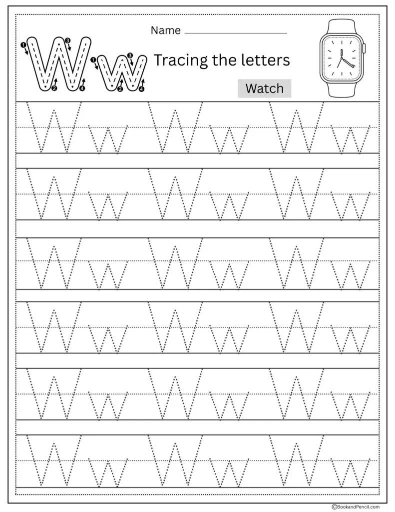 Tracing Letter W worksheet with uppercase and lowercase W practice for preschoolers