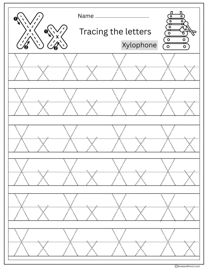 Tracing Letter X worksheet with uppercase and lowercase X practice for preschoolers