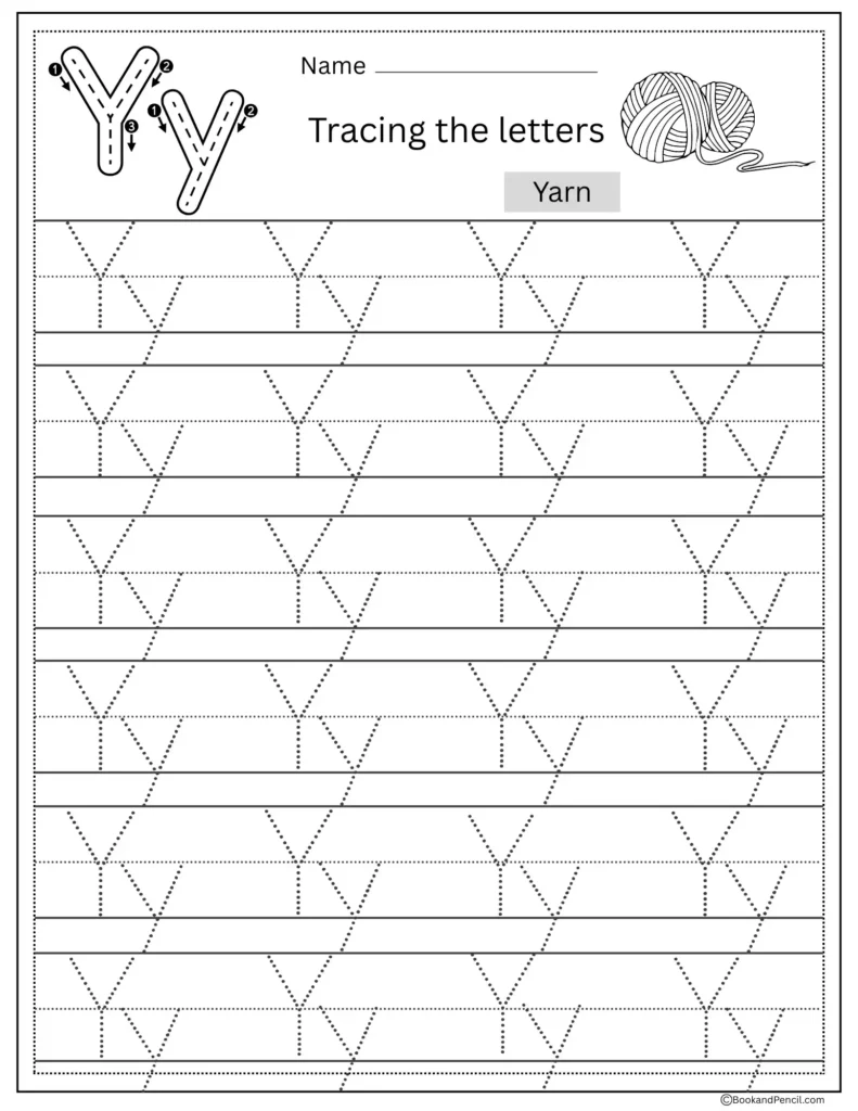 Tracing Letter Y worksheet with uppercase and lowercase Y practice for preschoolers