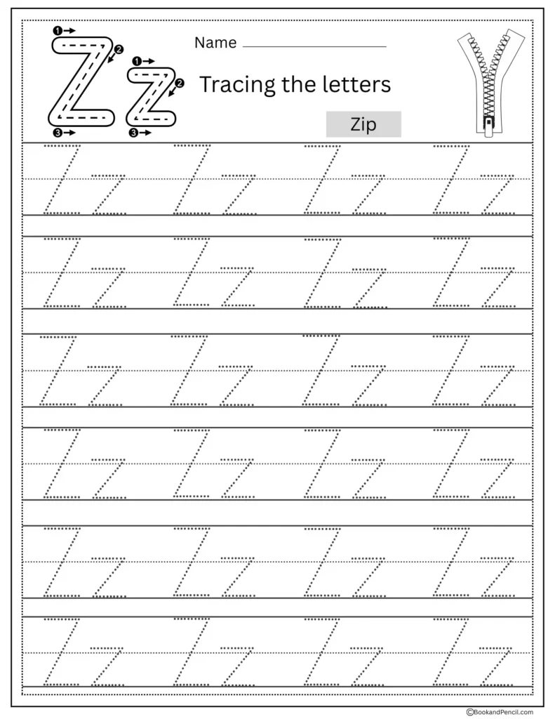 Tracing Letter Z worksheet with uppercase and lowercase Z practice for preschoolers