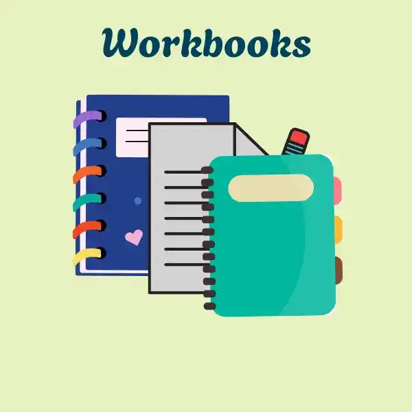 Illustration of colorful kids' workbooks with spiral bindings, dividers, and stationery, ideal for printable educational resources and learning activities