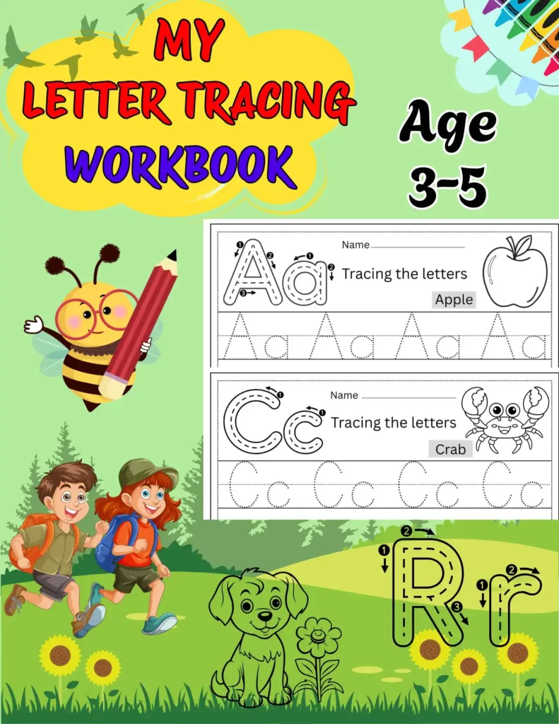 Letter tracing workbook for kids ages 3 to 5 featuring traceable uppercase and lowercase letters with fun illustrations like apple, crab, and dog