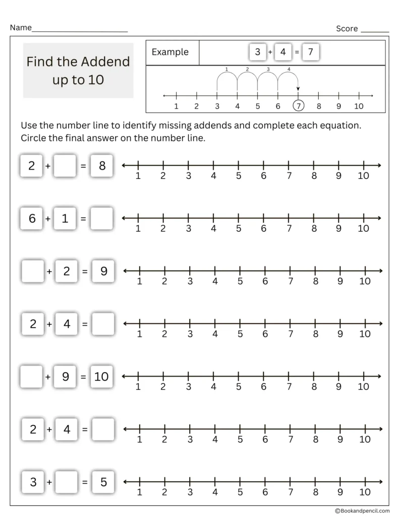 Find the missing addend worksheet with number lines to 10