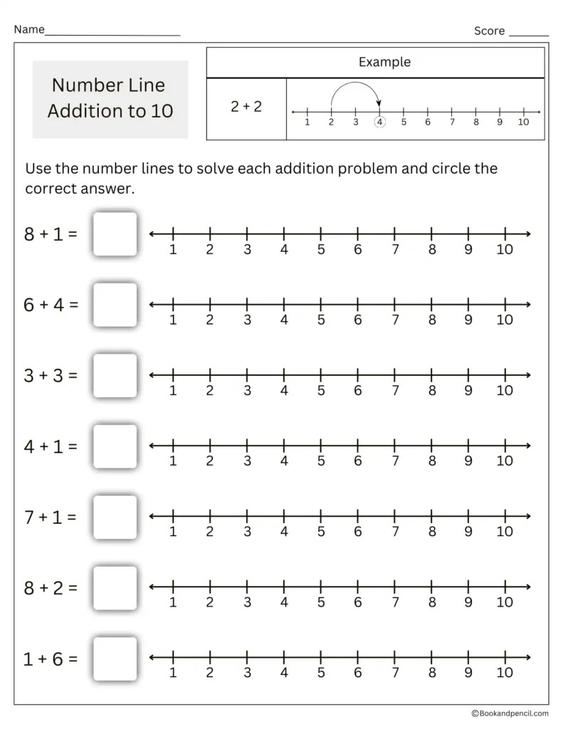 Number line addition to 10 for early math learning and kids’ addition practice