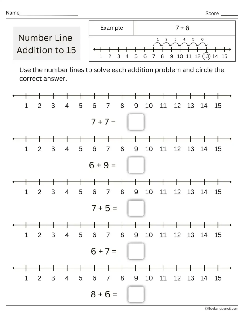 Number line addition to 15 worksheet for kids learning math