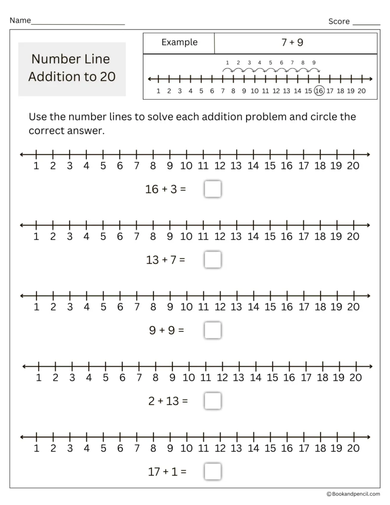 Number line addition to 20 worksheet with example and practice problems