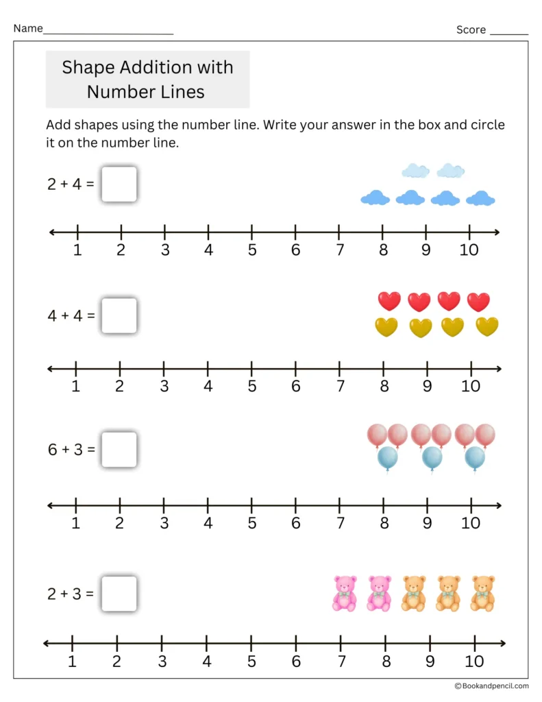 Kindergarten number line addition worksheet using fun picture shapes to teach visual addition and counting on a number line.