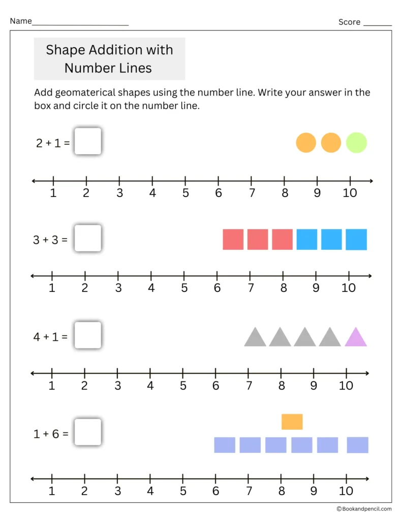 Kindergarten number line addition worksheet with geometric shapes helping kids practice simple addition using a number line.