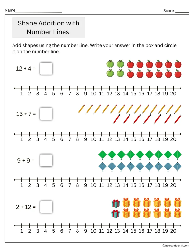 shape addition number line kindergarten worksheet 3