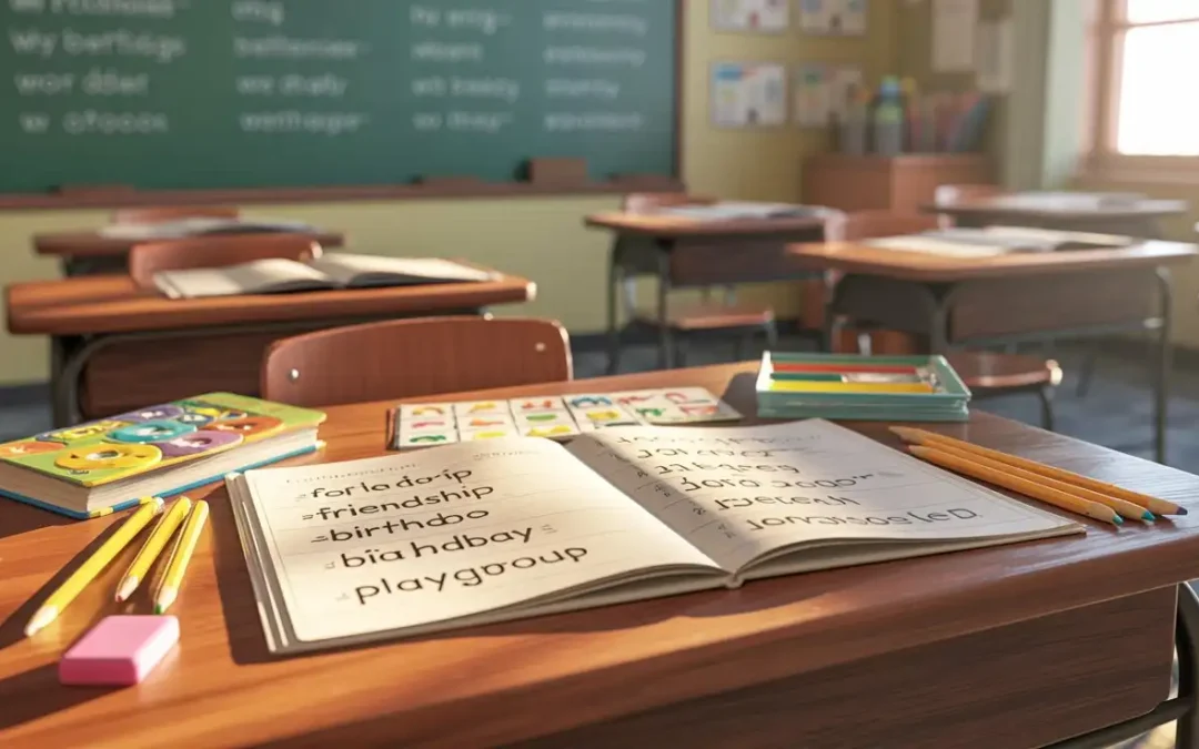 Third grade spelling words practice with workbook, pencils, and spelling patterns on a classroom desk
