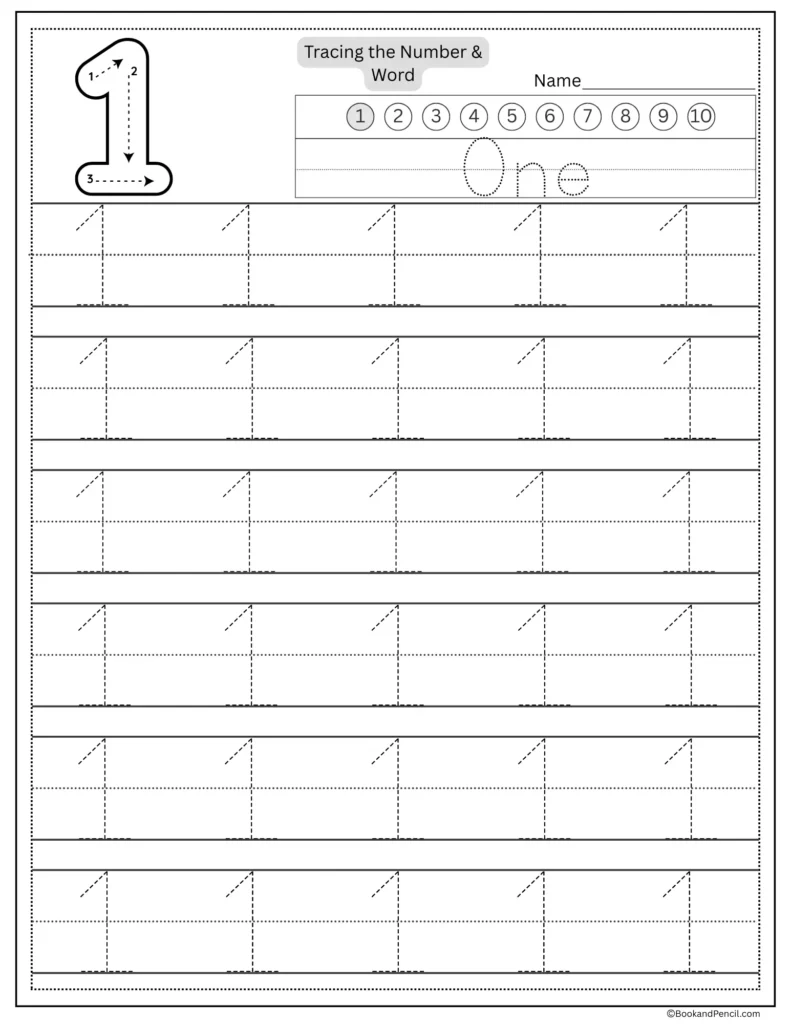 Tracing number 1 worksheet with number word one and dotted lines.