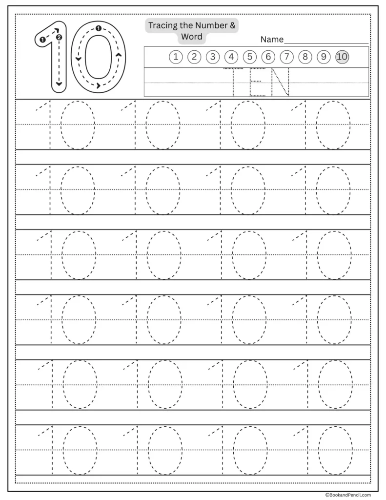 Tracing number 10 worksheet with number word ten and dotted lines.