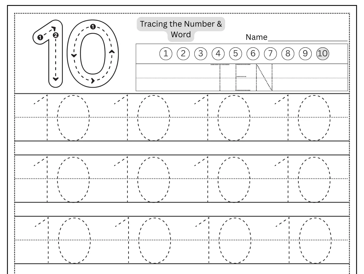 Number 10 tracing worksheet for kindergarten