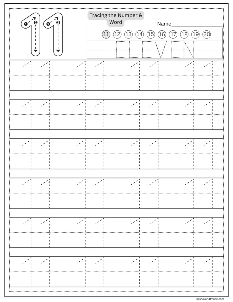 Tracing number 11 worksheet with number word eleven and dotted lines