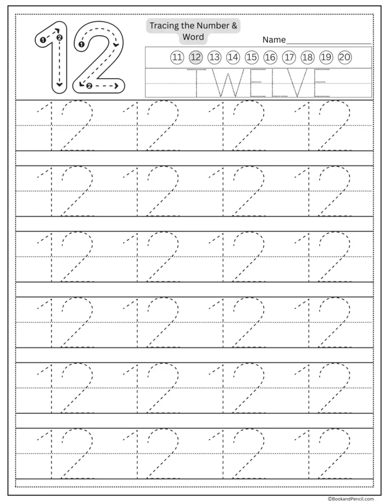 Tracing number 12 worksheet with number word twelve and dotted lines