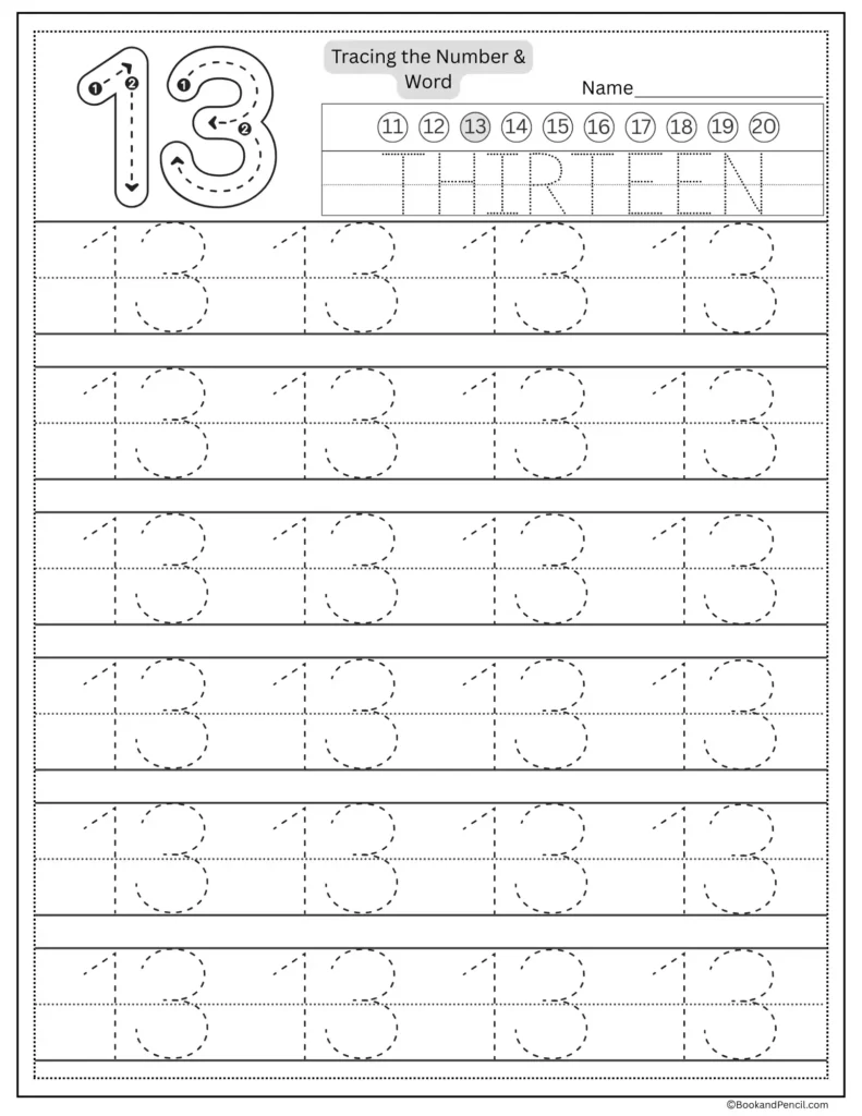 Tracing number 13 worksheet with number word thirteen and dotted lines