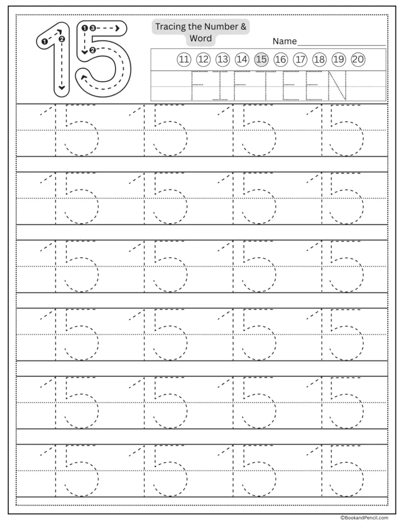 Tracing number 15 worksheet with number word fifteen and dotted lines