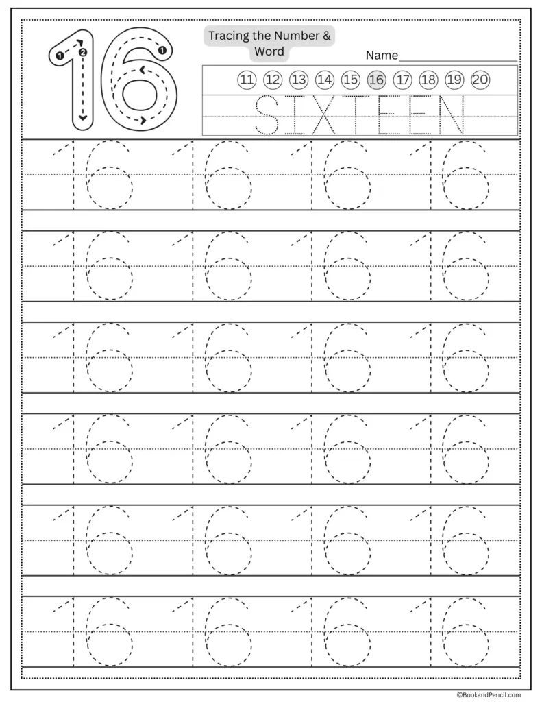 Tracing number 16 worksheet with number word sixteen and dotted lines