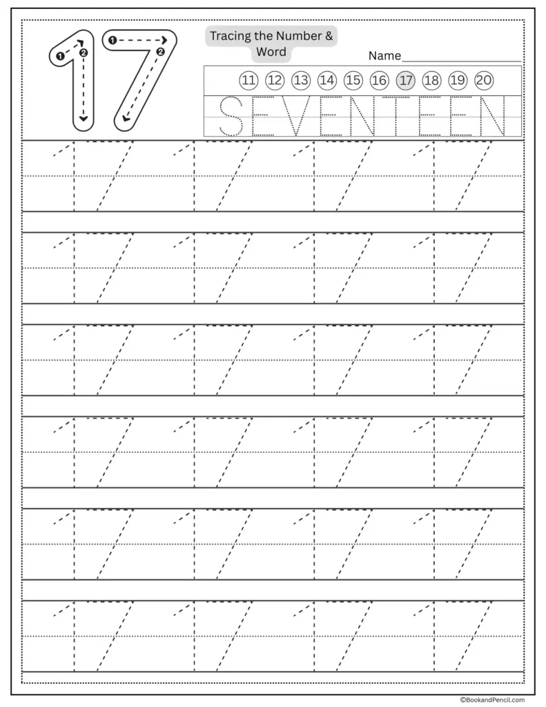 Tracing number 17 worksheet with number word seventeen and dotted lines