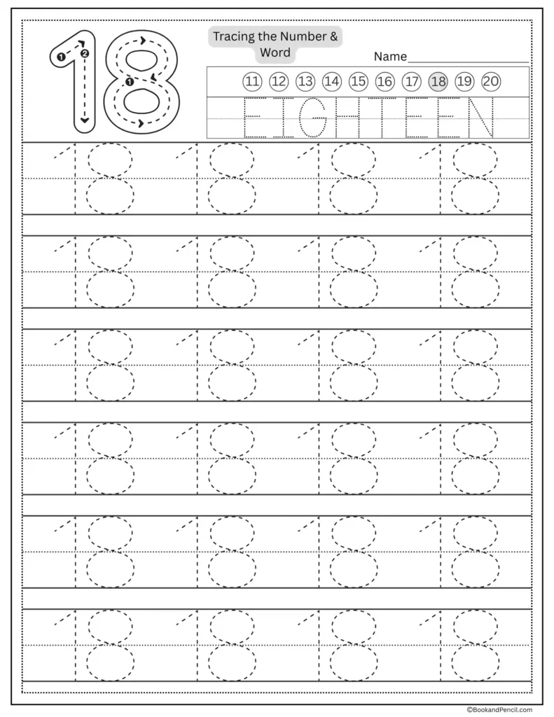Tracing number 18 worksheet with number word eighteen and dotted lines