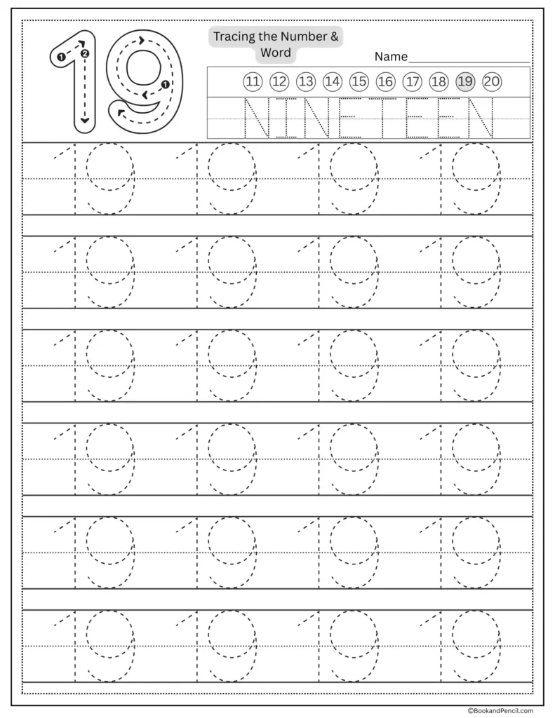 Tracing number 19 worksheet with number word nineteen and dotted lines
