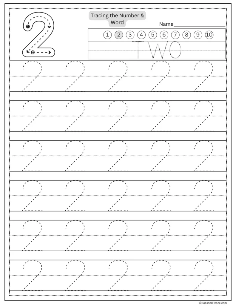 Tracing number 2 worksheet with number word two and dotted lines.