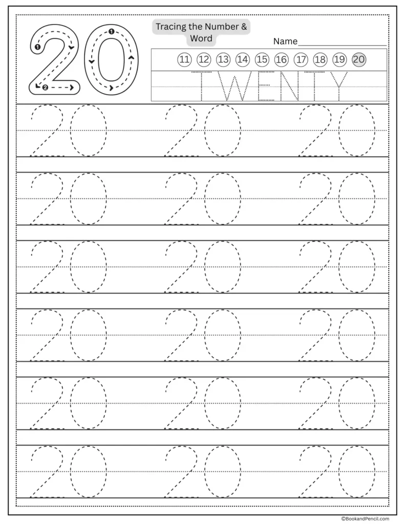 Tracing number 20 worksheet with number word twenty and dotted lines.