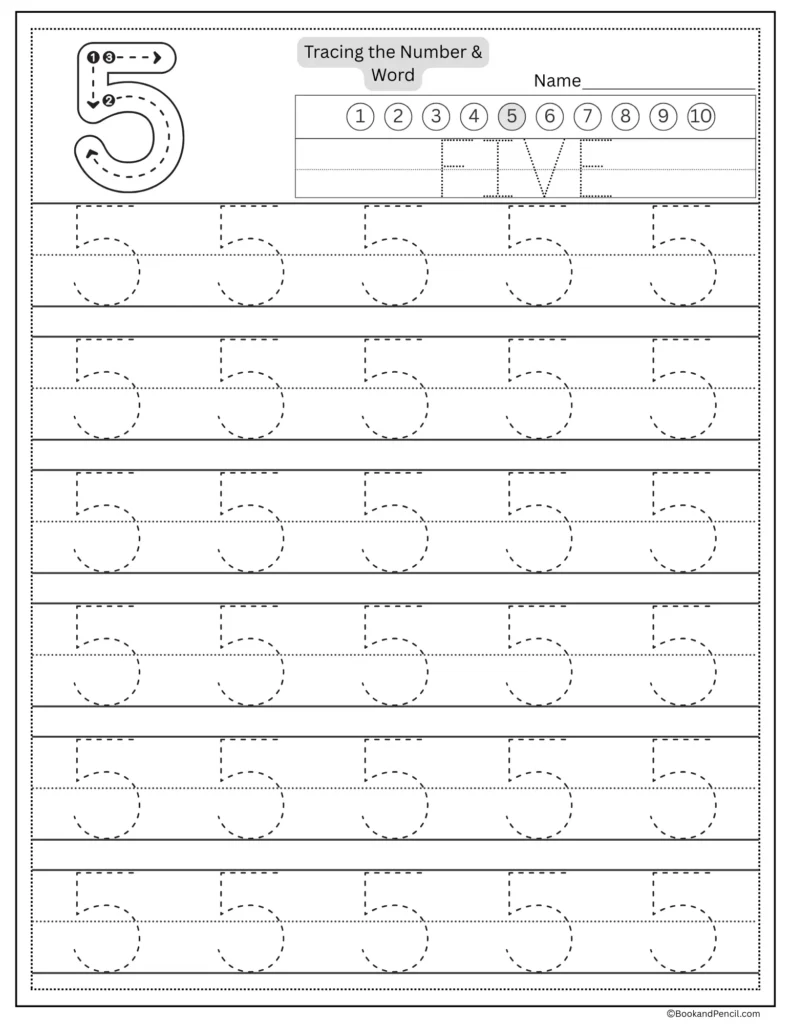 Tracing number 5 worksheet with number word five and dotted lines.