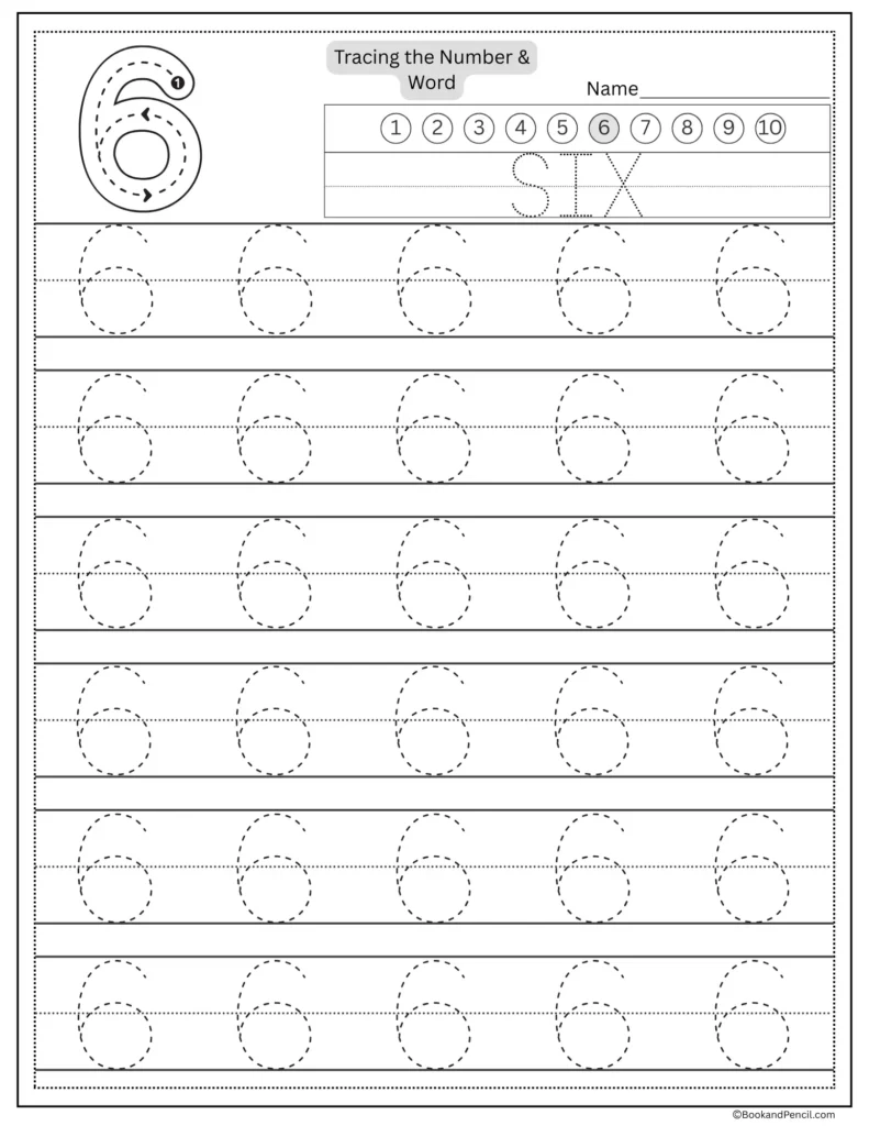 Tracing number 6 worksheet with number word six and dotted lines.