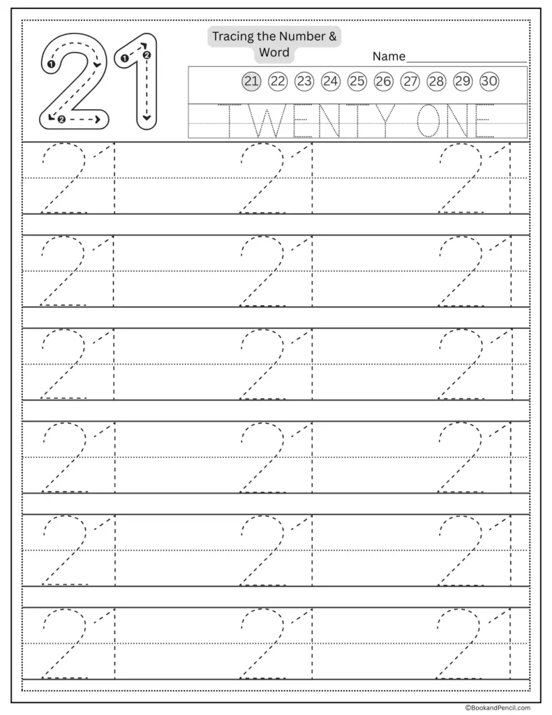 Tracing number 21 worksheet with number word twenty one and dotted lines.