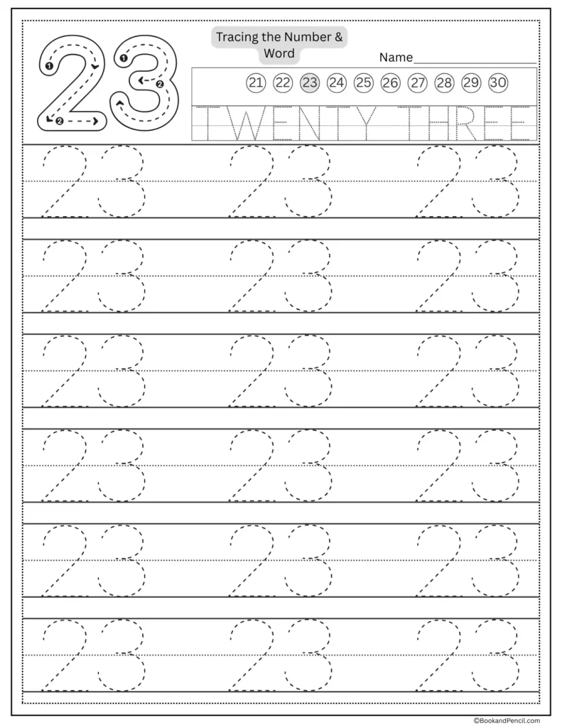 Tracing number 23 worksheet with number word twenty three and dotted lines.