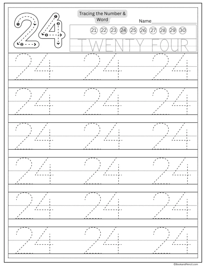 Tracing number 24 worksheet with number word twenty four and dotted lines.