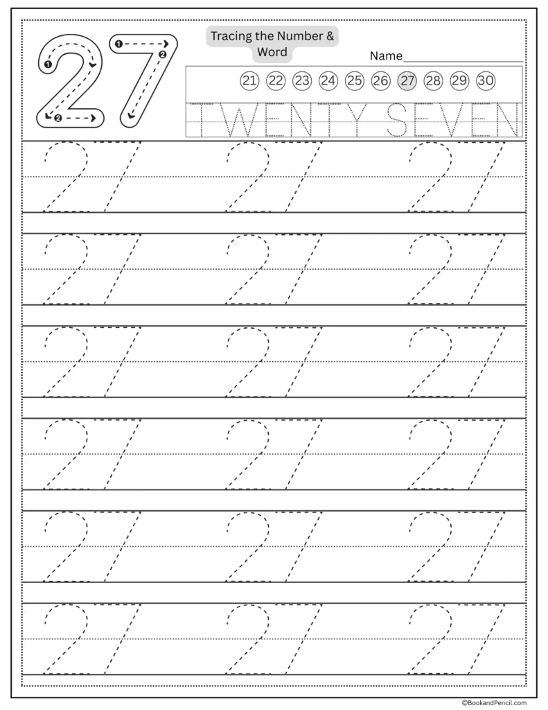 Tracing number 27 worksheet with number word twenty seven and dotted lines.